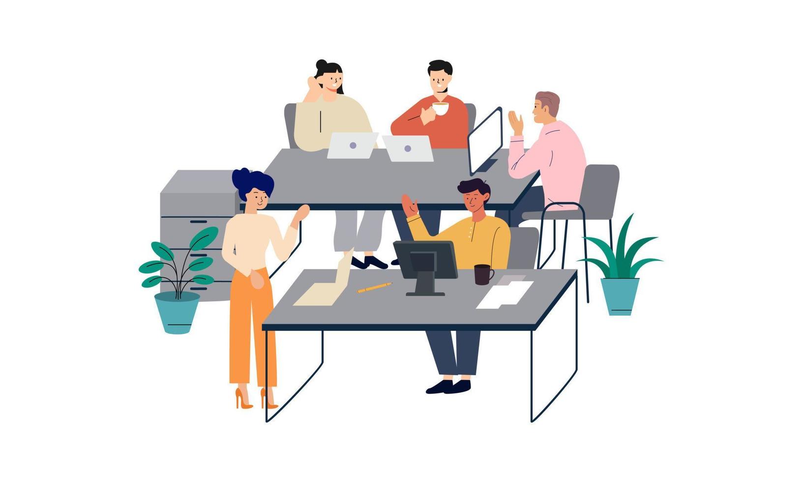 Group of office workers sitting at desks and communicating or talking to each other vector