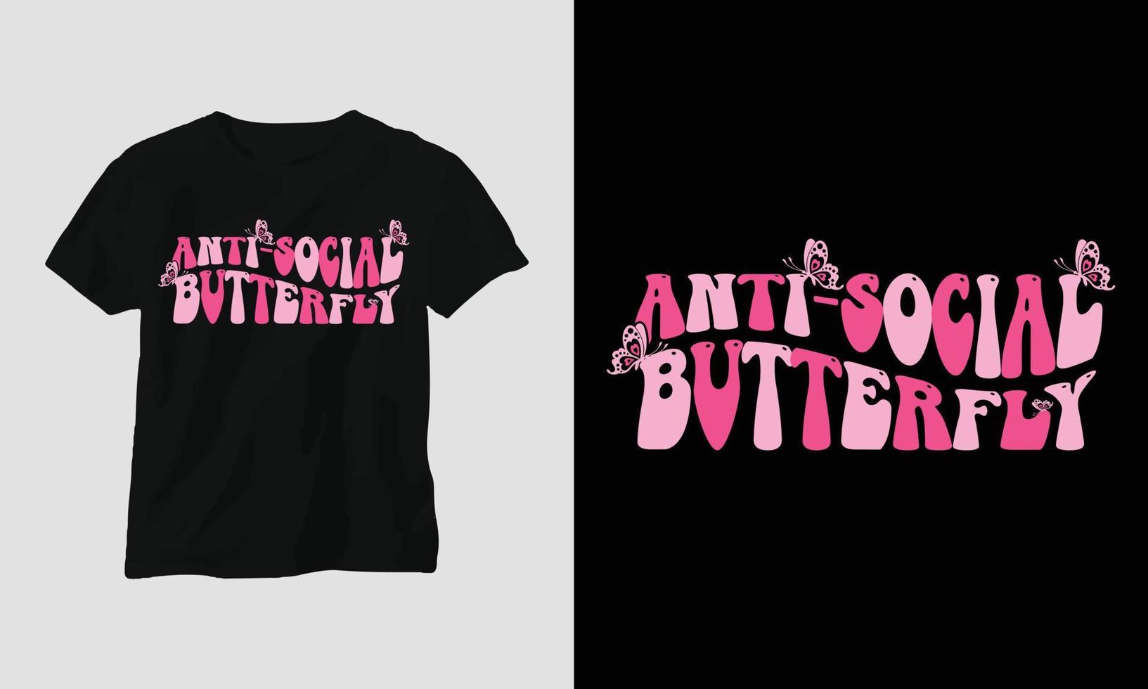 diseño de camiseta maravilloso retro ondulado mariposa antisocial vector