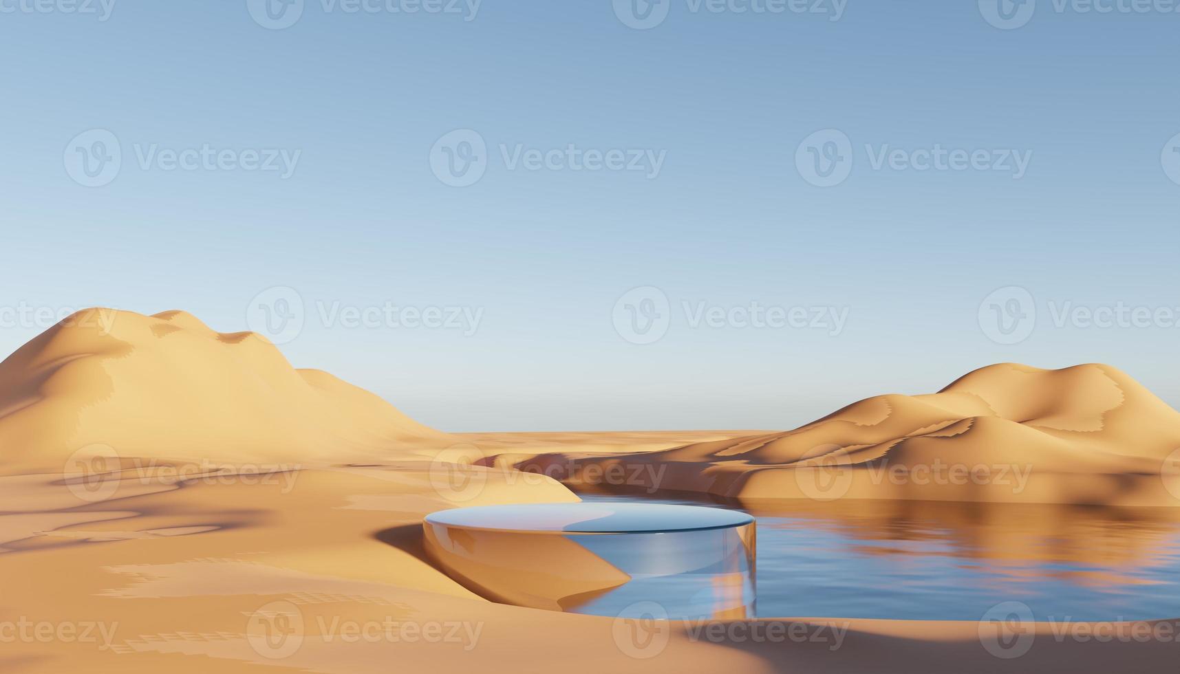 Abstract Dune cliff sand with metallic Podium stand platform. Surreal Desert natural landscape background. Scene of Desert with glossy metallic arches geometric design. 3D Render. photo