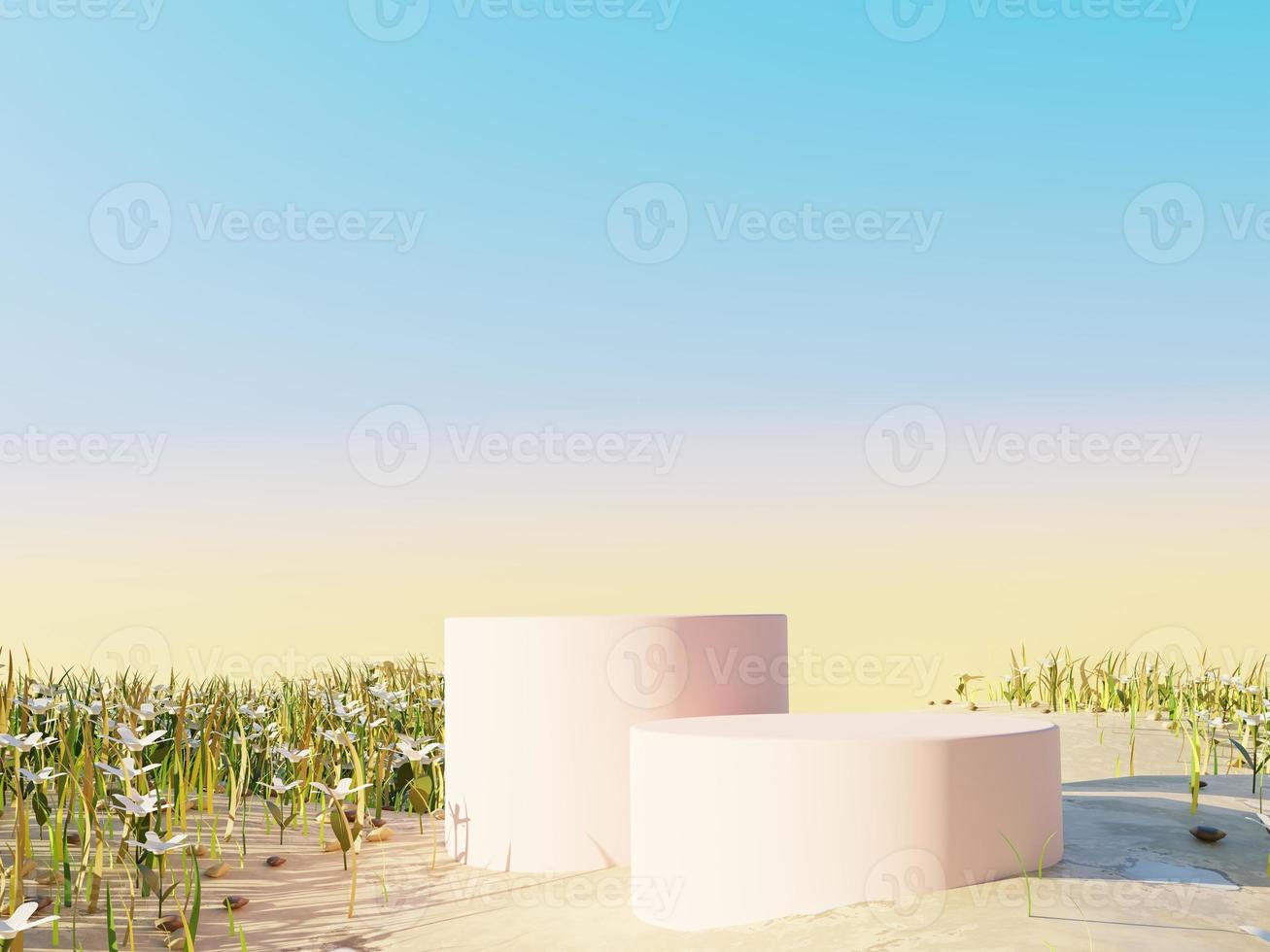 Abstract Pastel of nature, flowers leaves and tree plants with Podium stand platform. Surreal Desert natural landscape background. Scene of Desert with  oasis land with minimal design. 3D Render. photo