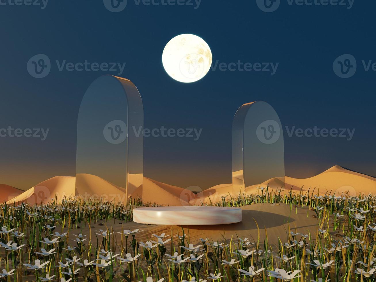 Abstract Pastel of nature, flowers leaves and tree plants with Podium stand platform. Surreal Night Desert natural landscape with mirror arches and night sky background. 3D Render. photo