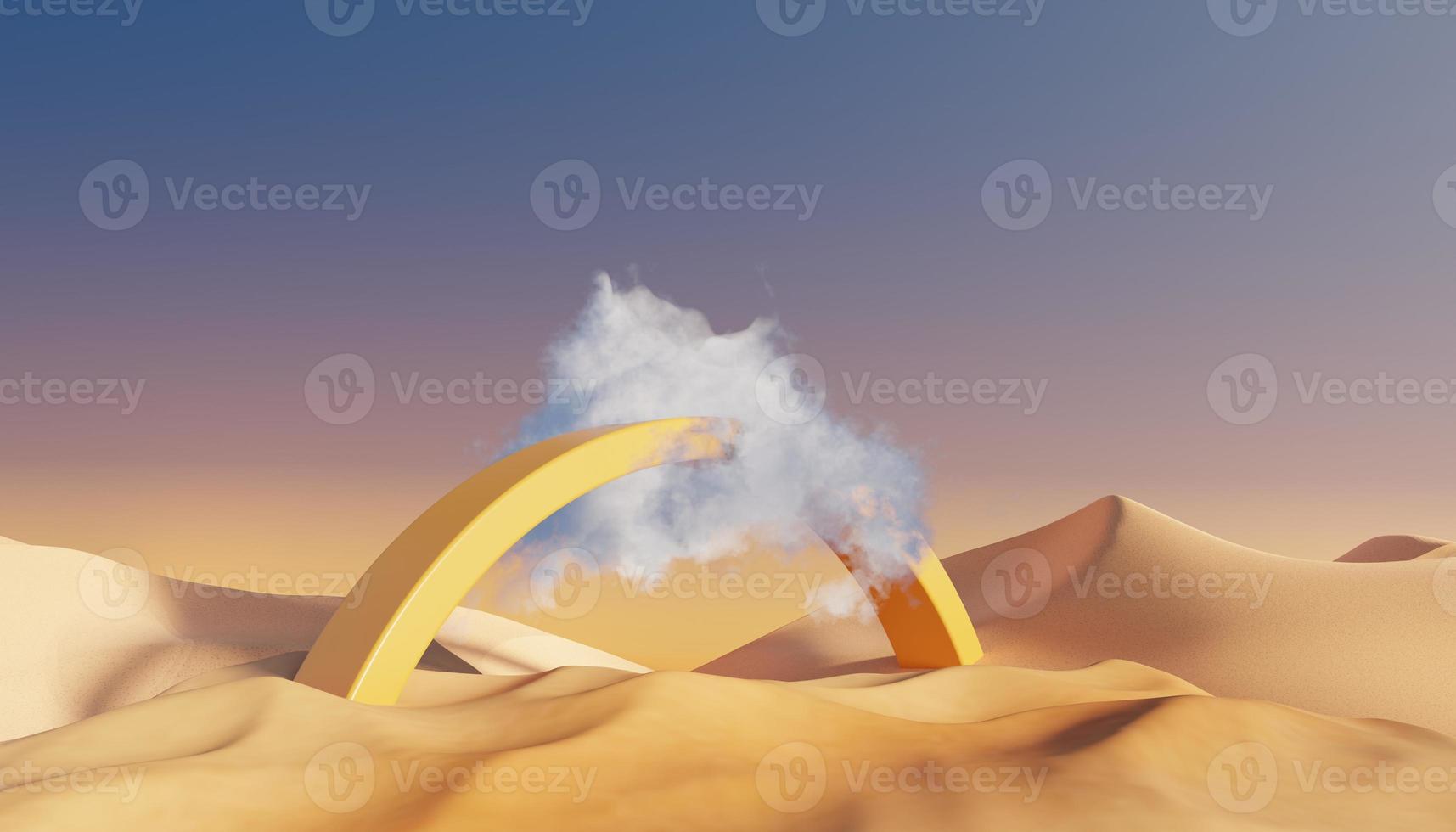 Abstract Dune cliff sand with metallic Podium stand platform. Surreal Desert natural landscape background. Scene of Desert with glossy metallic arches geometric design. 3D Render. photo