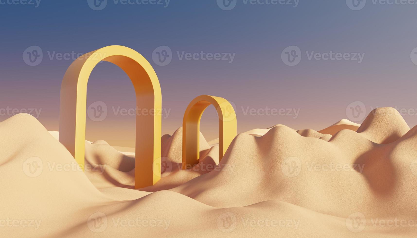 Abstract Dune cliff sand with metallic Podium stand platform. Surreal Desert natural landscape background. Scene of Desert with glossy metallic arches geometric design. 3D Render. photo