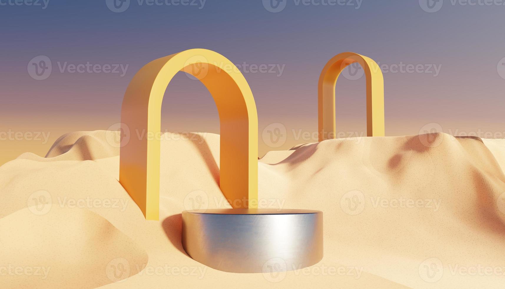 Abstract Dune cliff sand with metallic Podium stand platform. Surreal Desert natural landscape background. Scene of Desert with glossy metallic arches geometric design. 3D Render. photo
