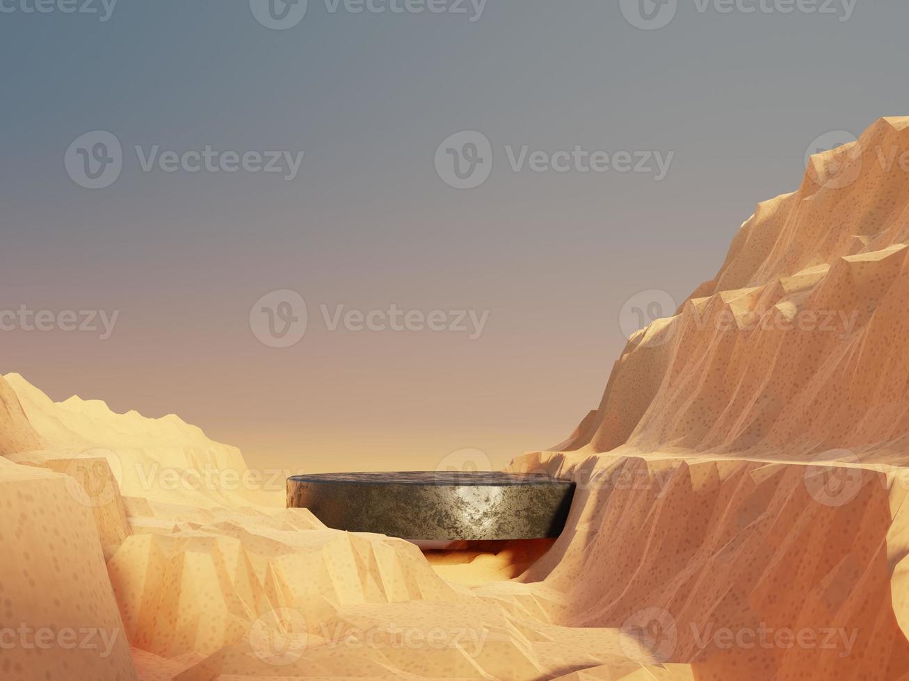 Abstract Dune cliff sand with metallic Podium stand platform. Surreal Desert natural landscape background. Scene of Desert with glossy metallic arches geometric design. 3D Render. photo