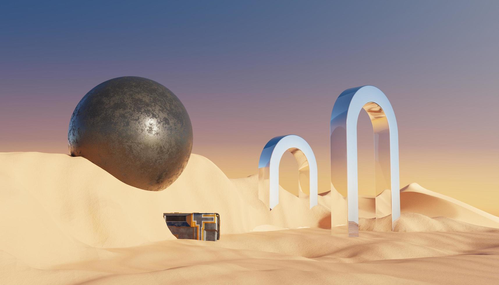 arena de acantilado de dunas abstractas con plataforma de soporte de podio metálico. fondo de paisaje natural del desierto surrealista. escena del desierto con diseño geométrico de arcos metálicos brillantes. procesamiento 3d foto