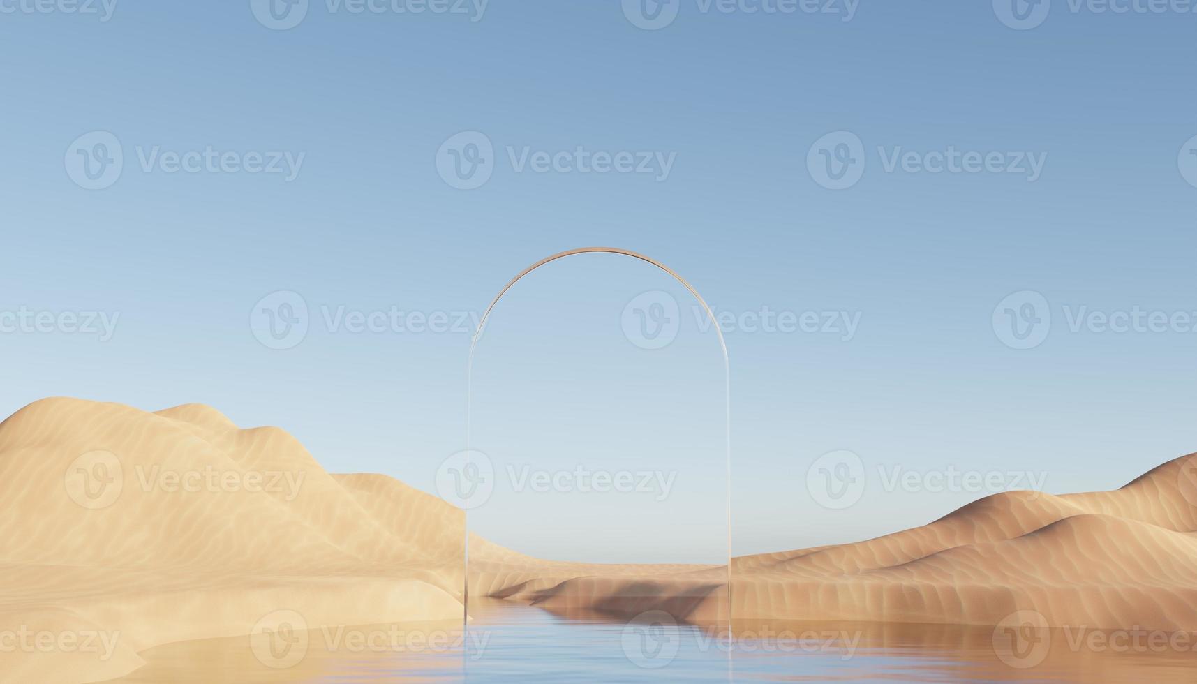 Abstract Dune cliff sand with metallic Arches and clean blue sky. Surreal minimal Desert natural landscape background. Scene of Desert with glossy metallic arches geometric design. 3D Render. photo