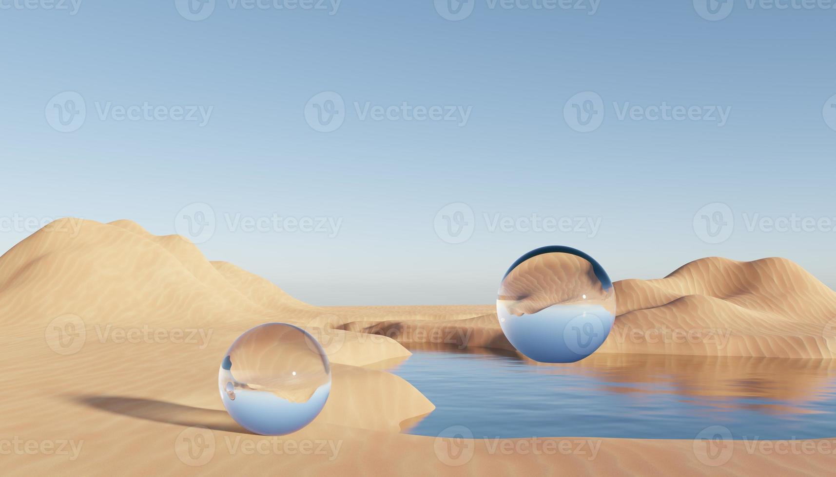 Abstract Dune cliff sand with metallic Arches and clean blue sky. Surreal minimal Desert natural landscape background. Scene of Desert with glossy metallic arches geometric design. 3D Render. photo