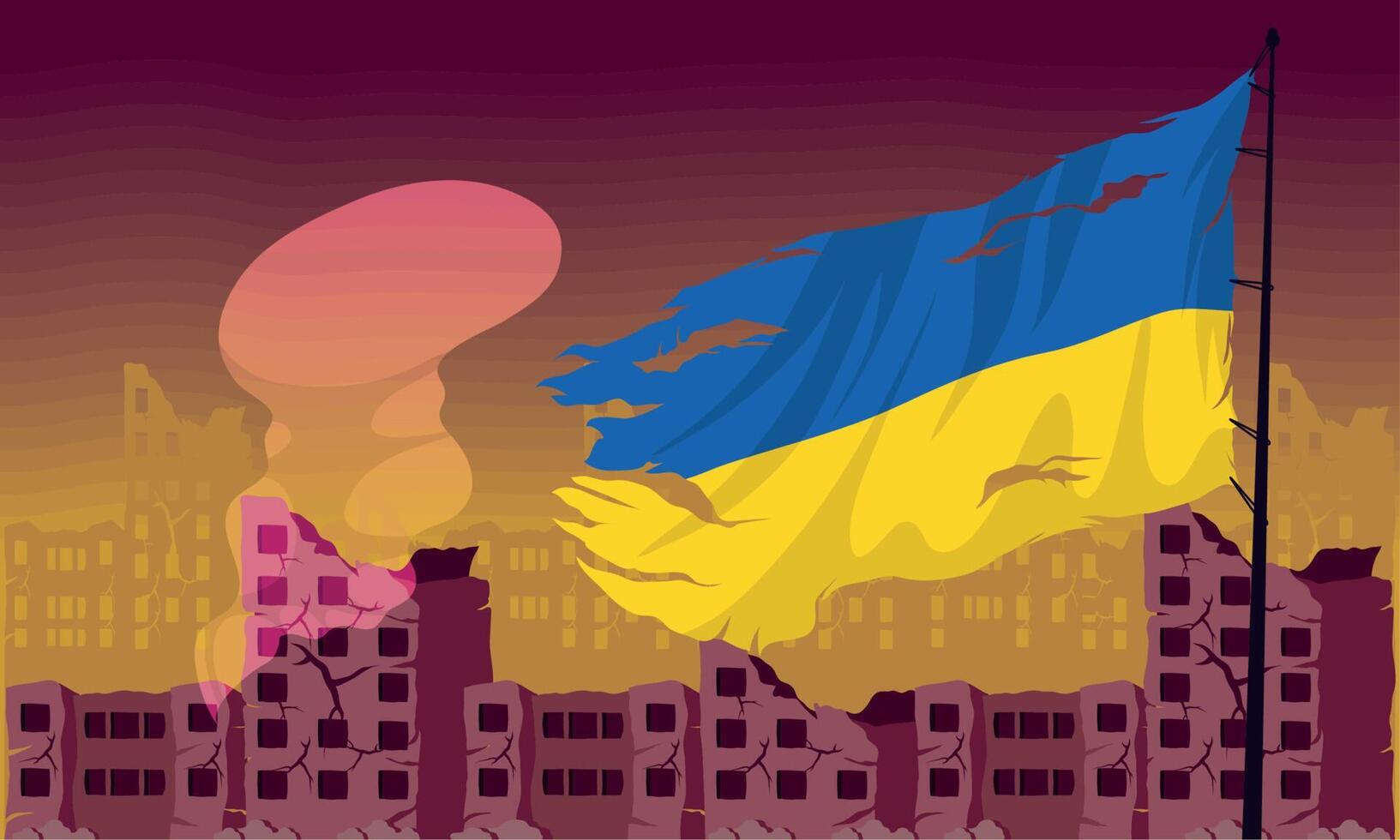 Ukraine flag on the city destroyed vector