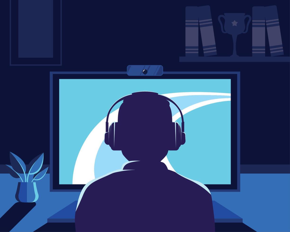 silhouette man playing video game vector