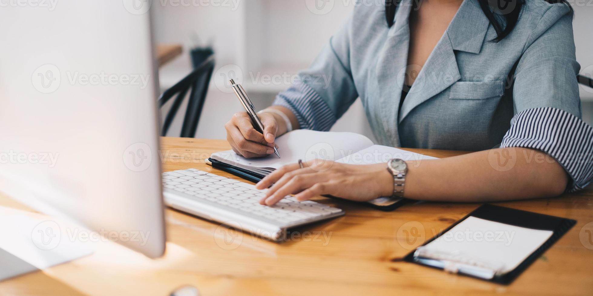 E-learning ,online ,education and internet social distancing protect from COVID-19 viruses concept. Asian woman student video conference e-learning with teacher on digital tablet at home. photo