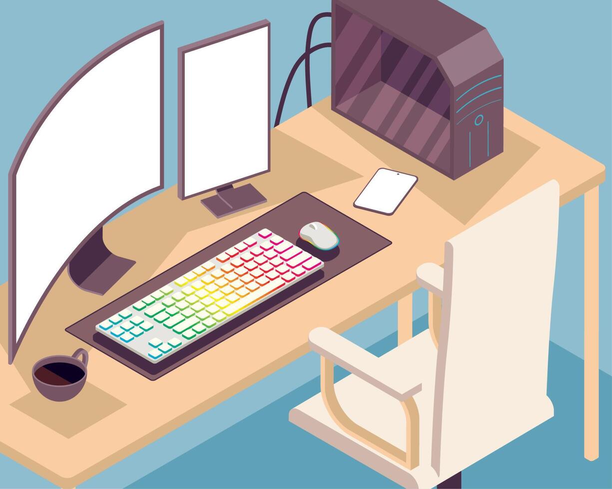 isometric workplace with desktop vector