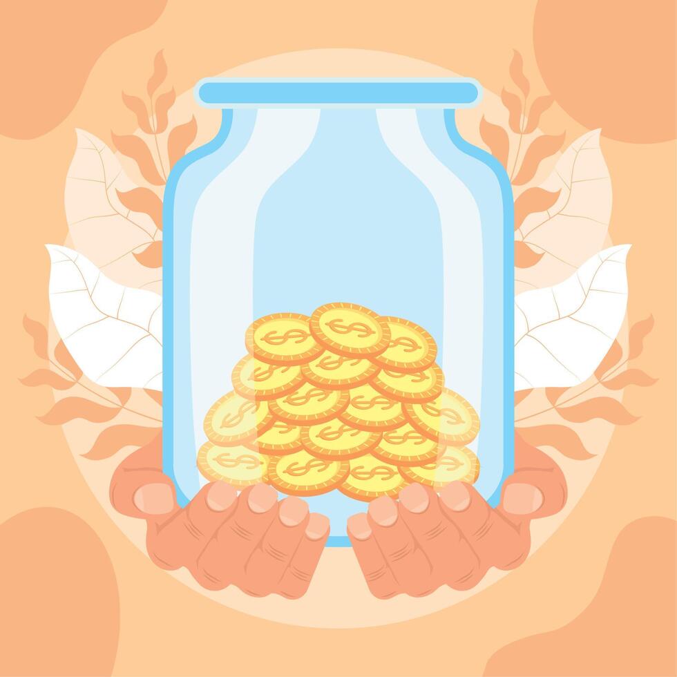 hands lifting charity coins in jar vector