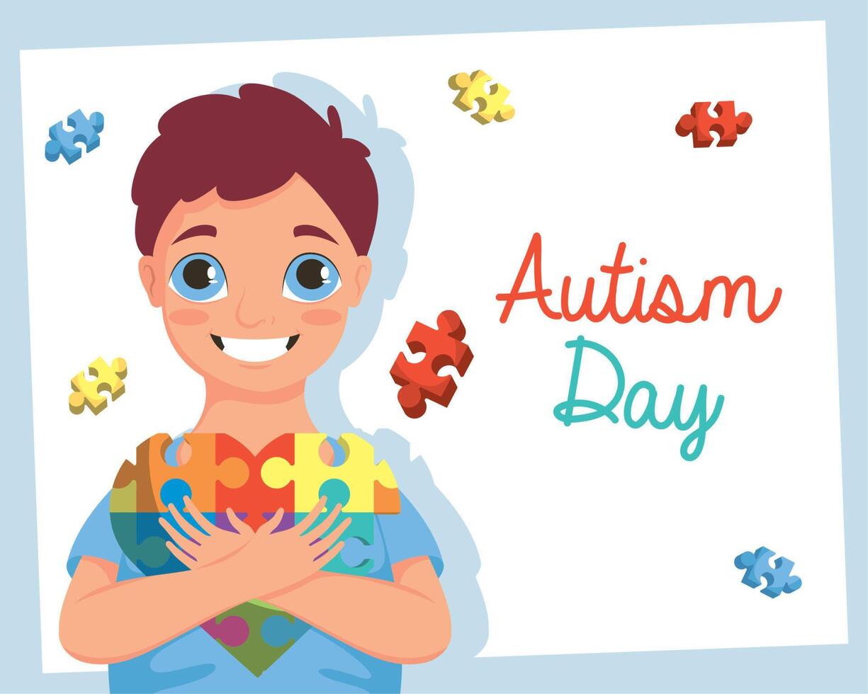 autistic boy and puzzle pieces vector