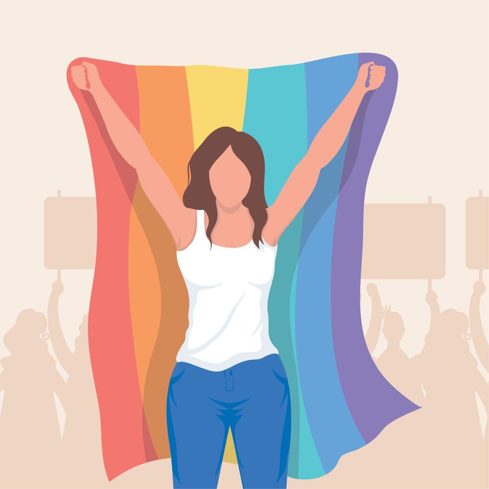 mujer levantando la escena de la bandera lgbtq vector