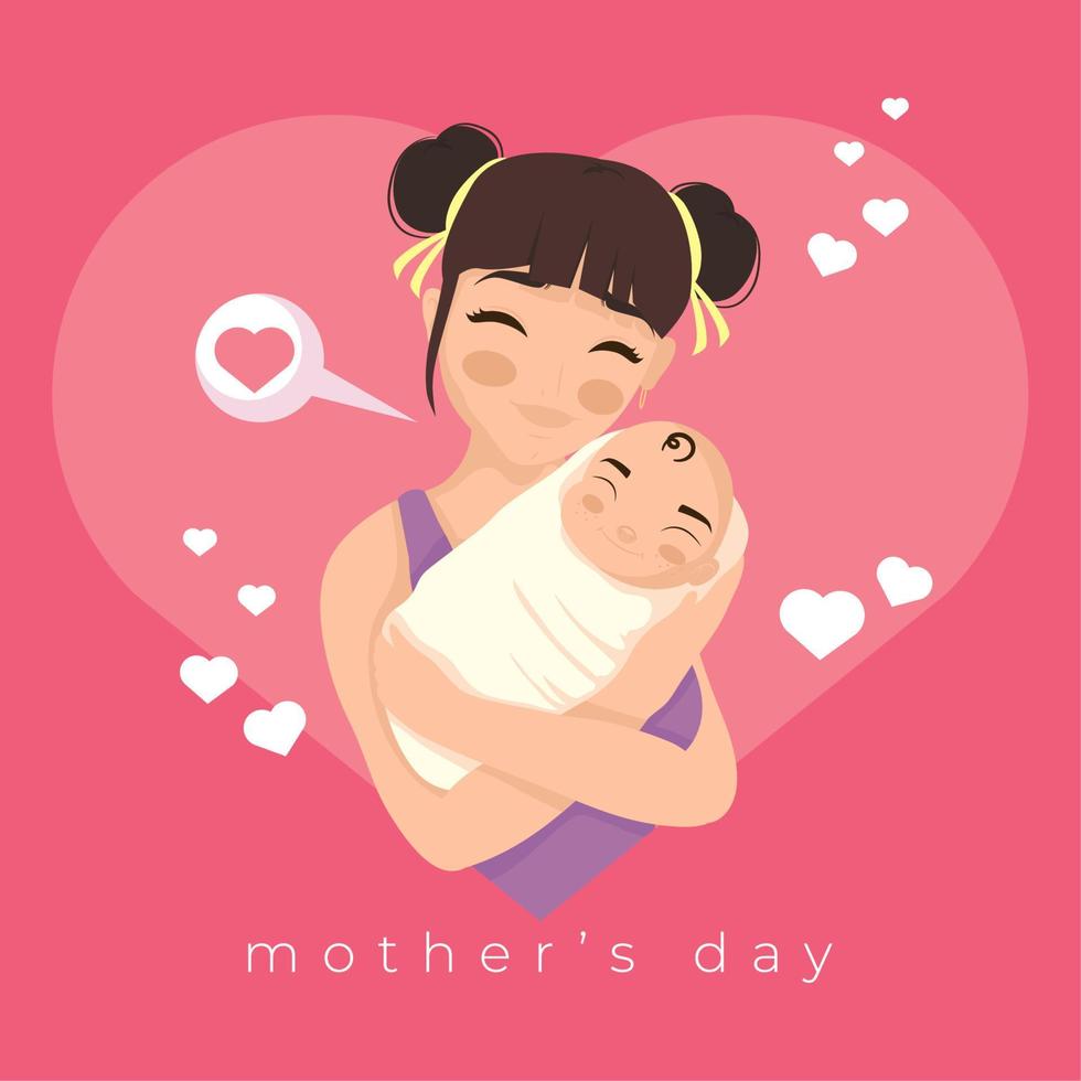 young mom hugging baby card vector