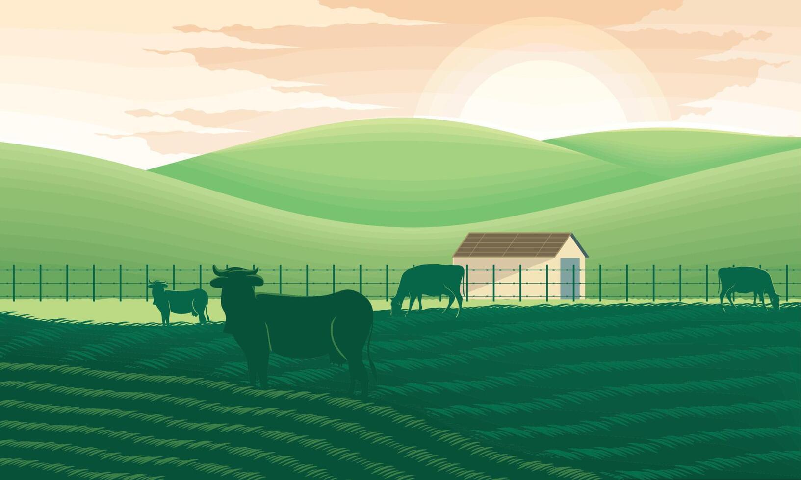 paisaje rural con vacas vector