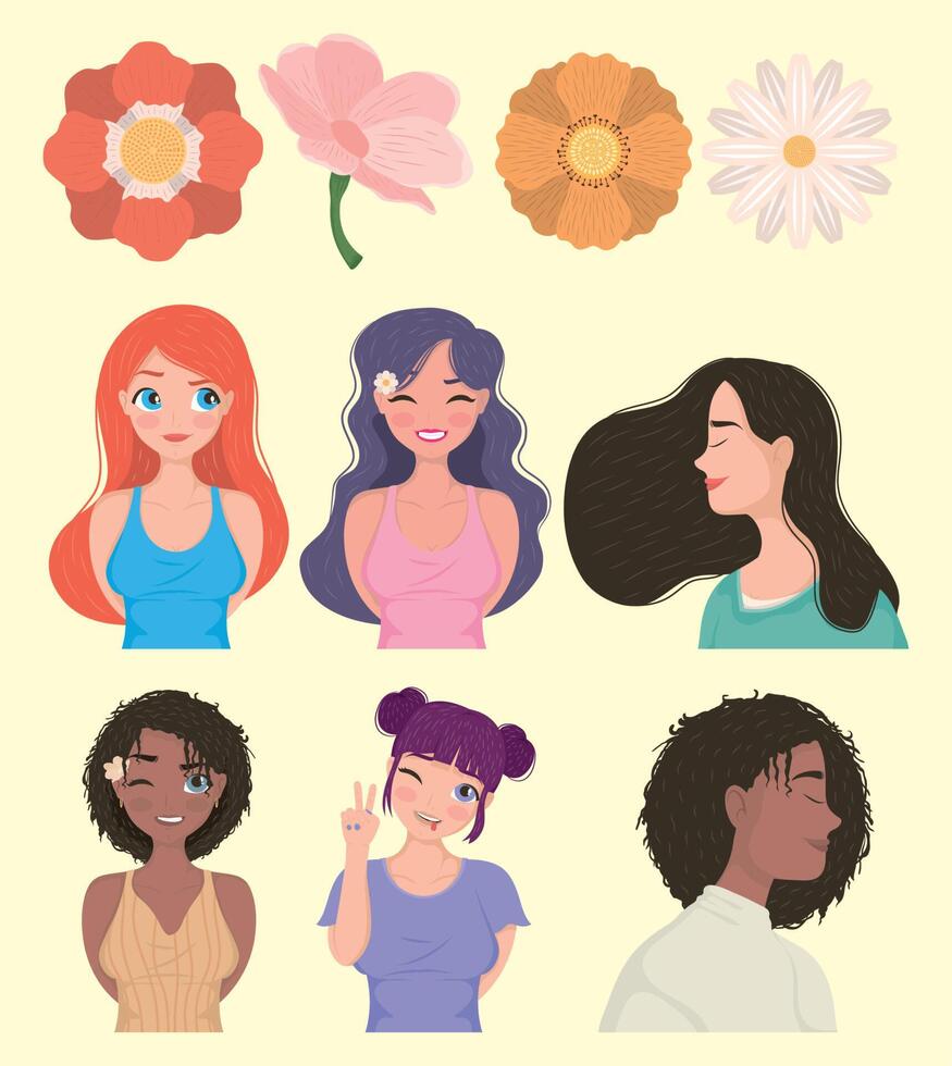 diez mujeres y flores vector