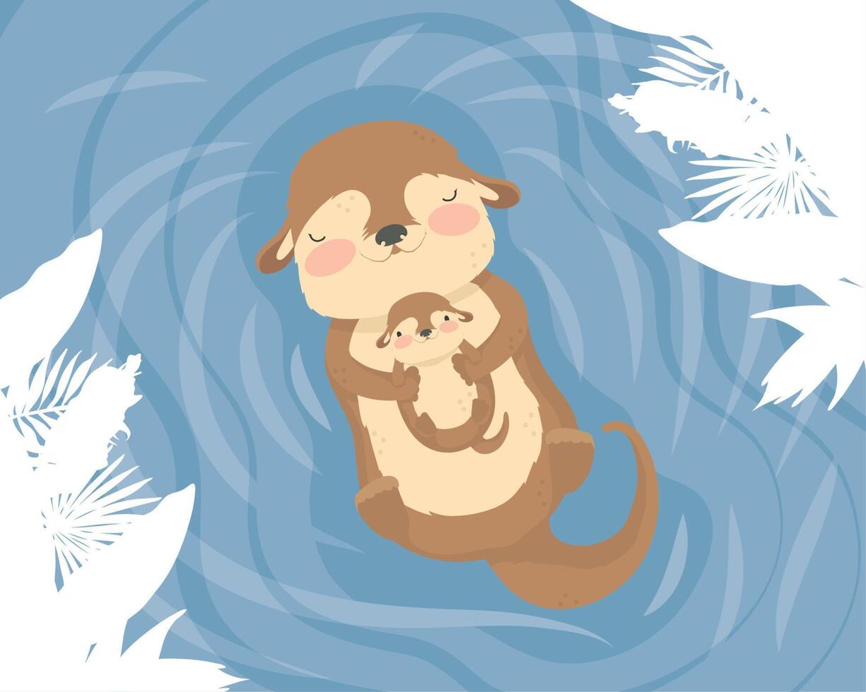 otter mom with baby card vector