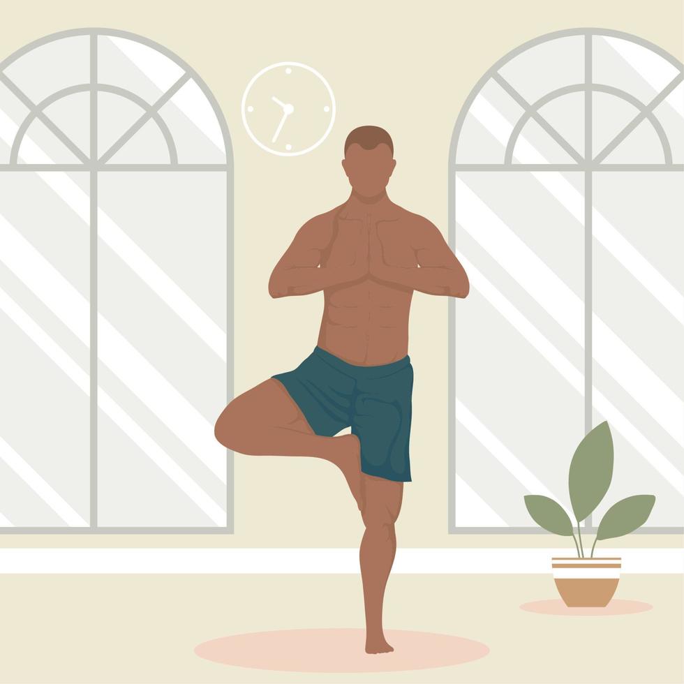 hombre afro practicando yoga en interiores vector