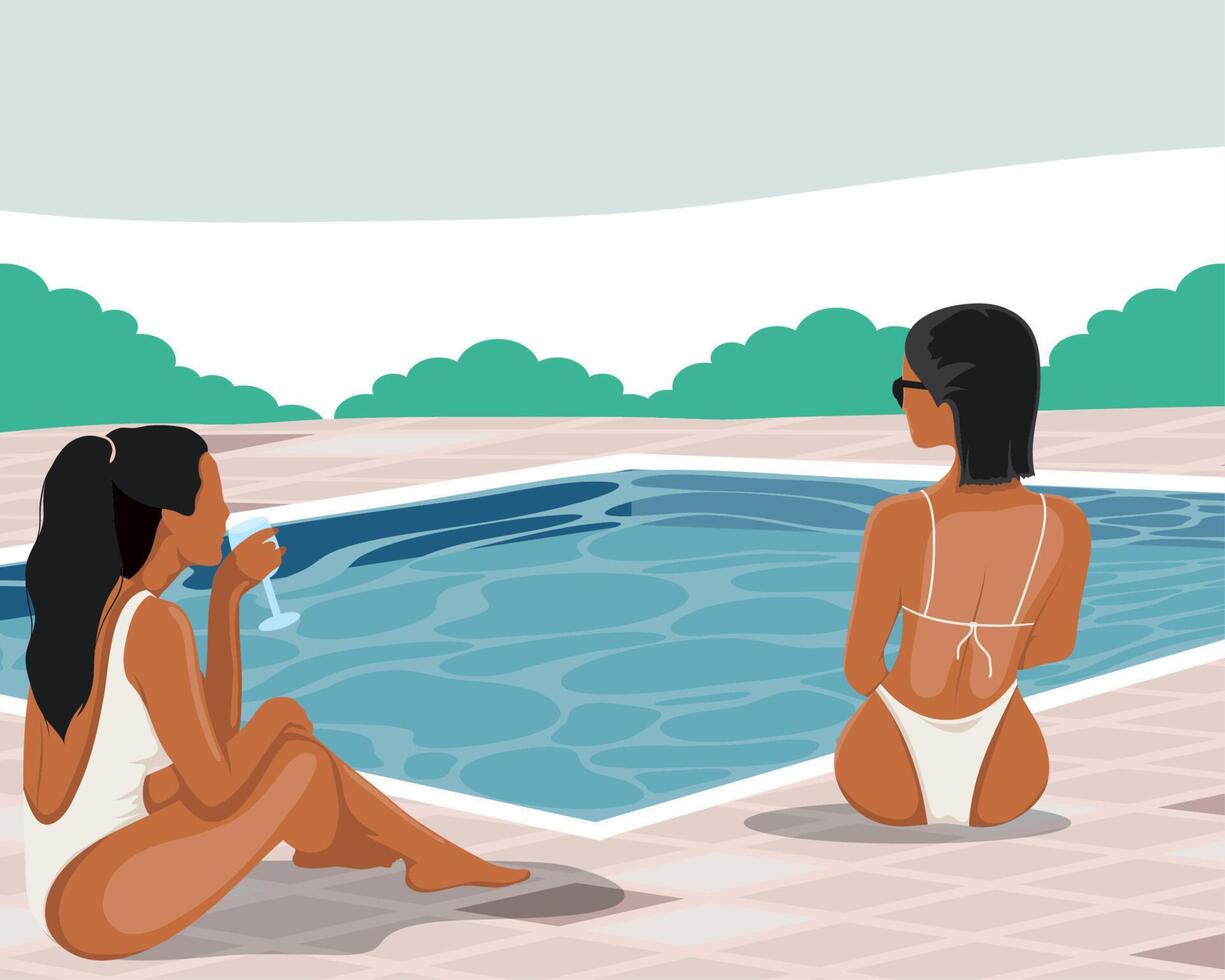 young girls in pool vector