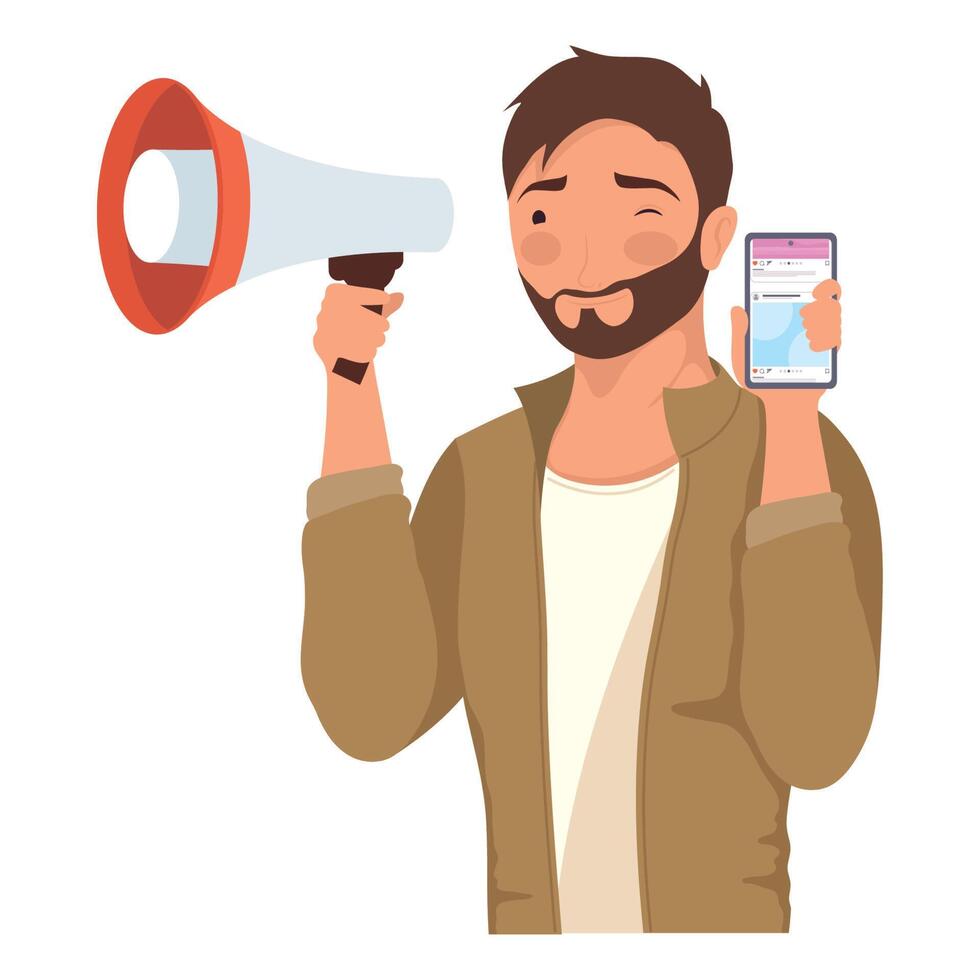 man with smartphone and megaphone vector