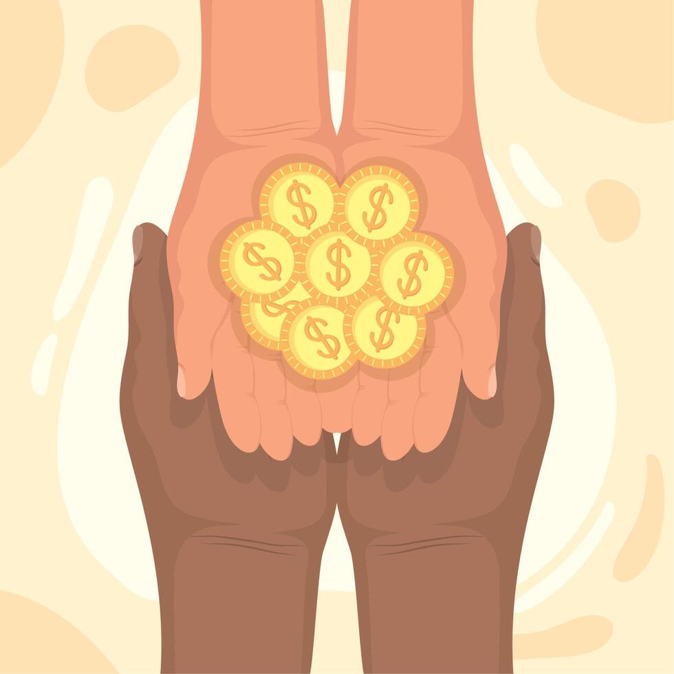 interracial hands with charity coins vector