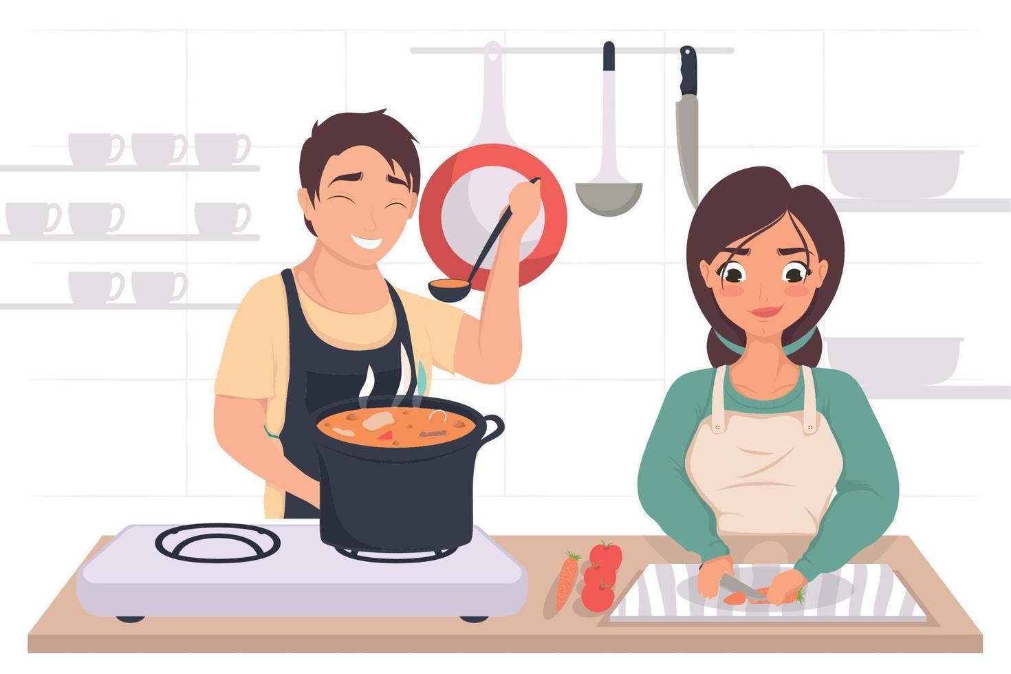 couple cooking in kitchen vector