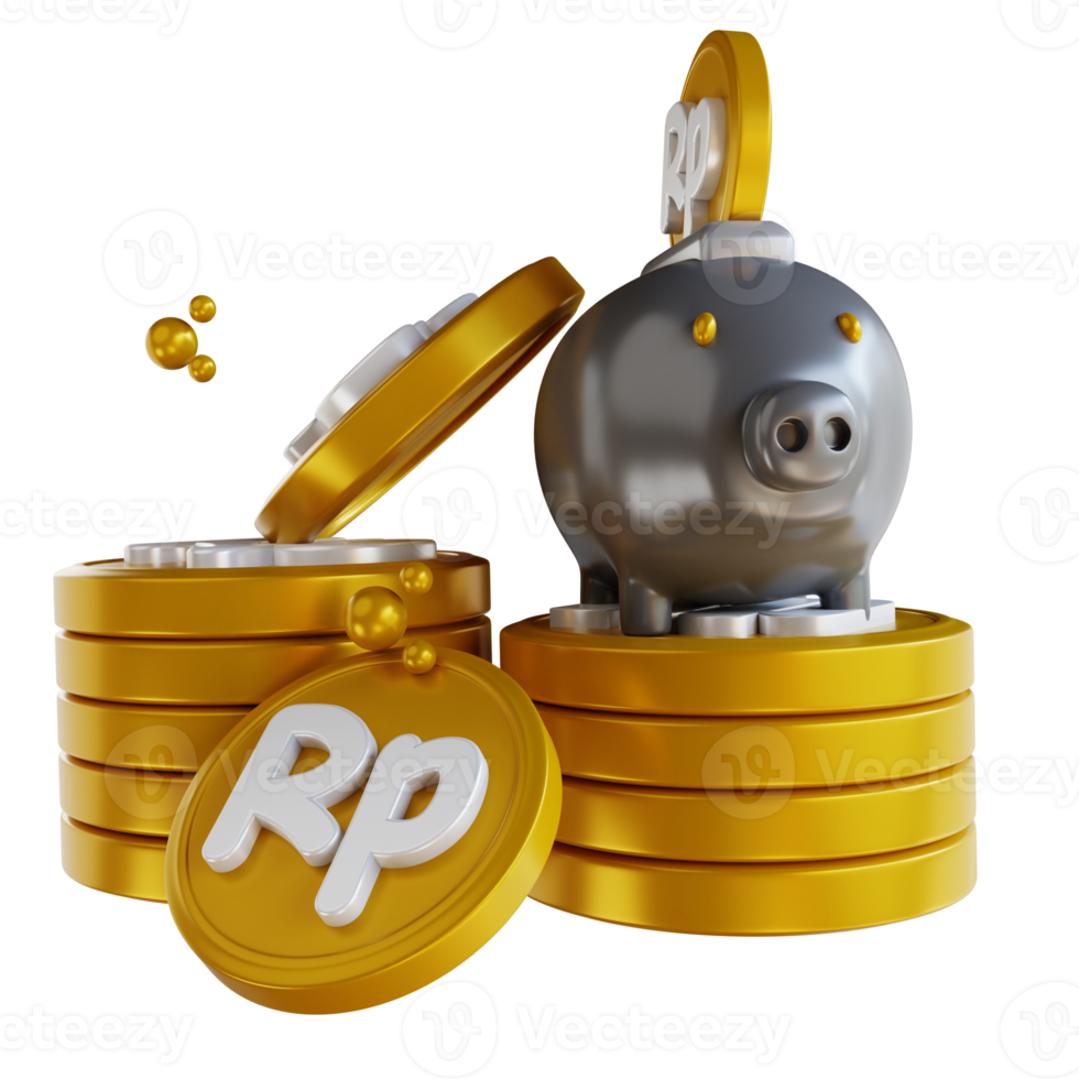 3D illustration pile of money and piggy bank png