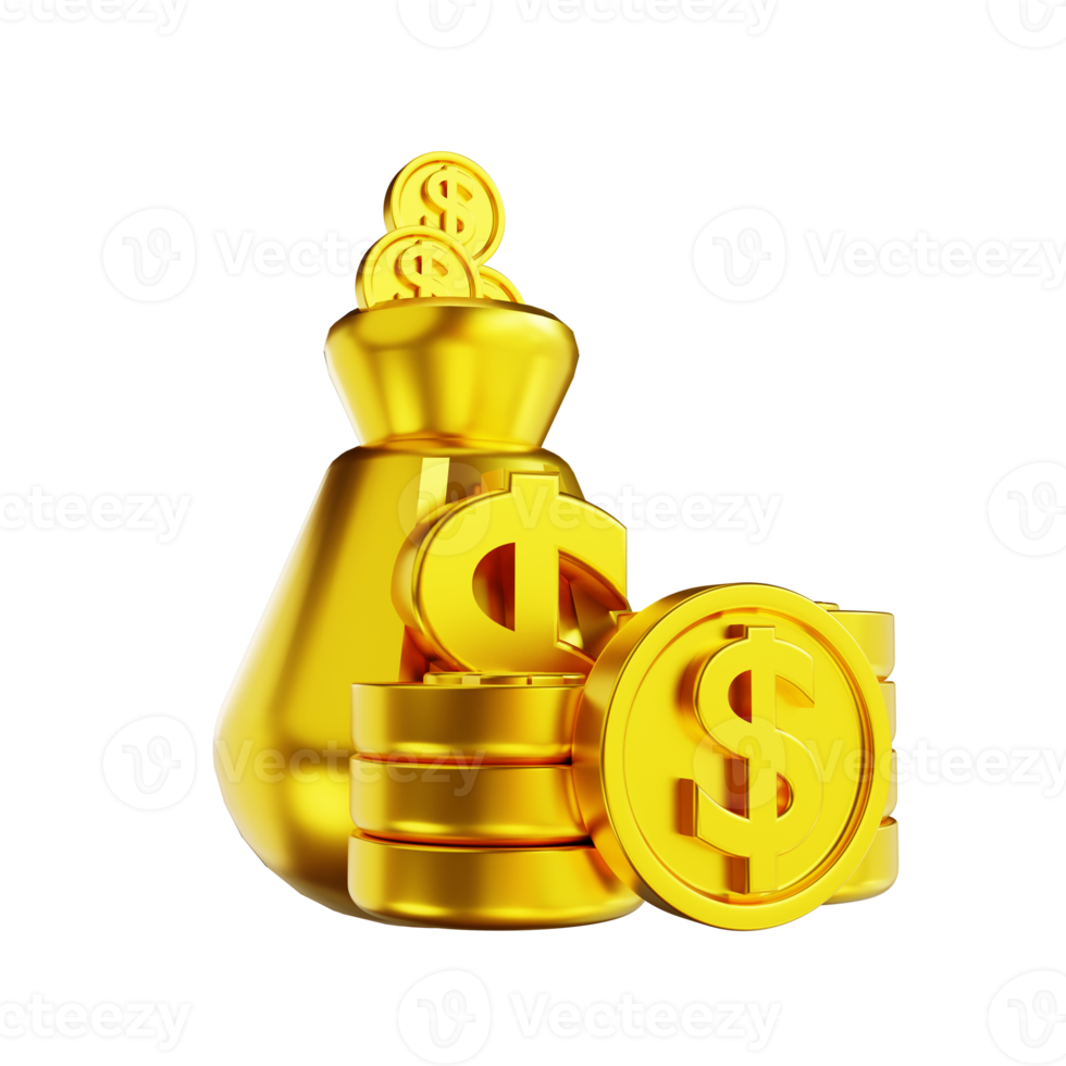 3D illustration golden coin and money bag png
