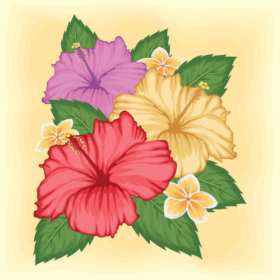 hibiscus flowers and leafs decoration vector