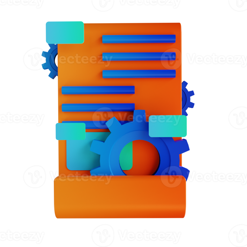 3D illustration gear and document content management png