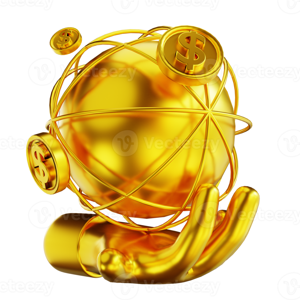 3D illustration golden global hands and money png