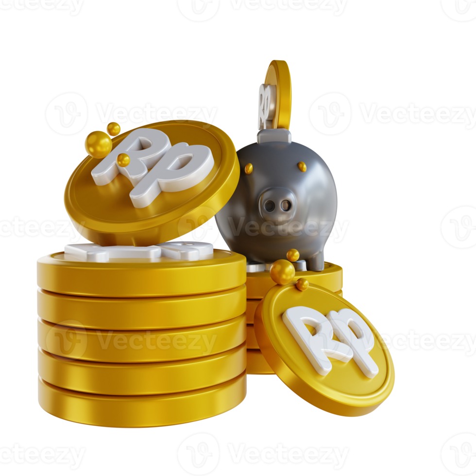 3D illustration pile of money and piggy bank png