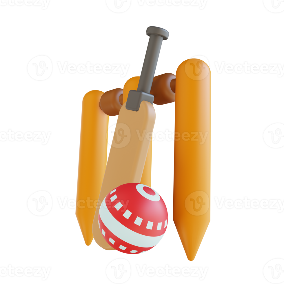 3D illustration cricket bat ball and wicket png