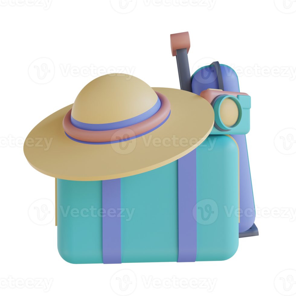 3D illustration camera, hat and suitcase png