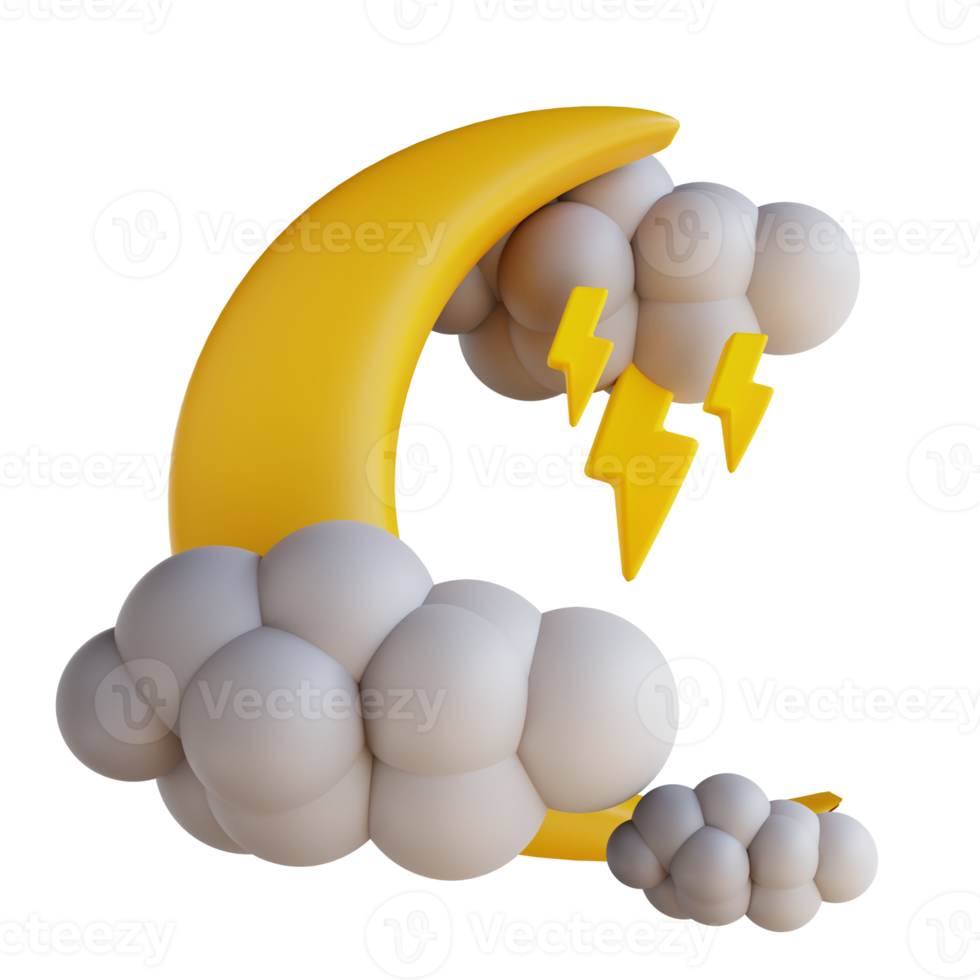 3D illustration cloud moon with lightning png