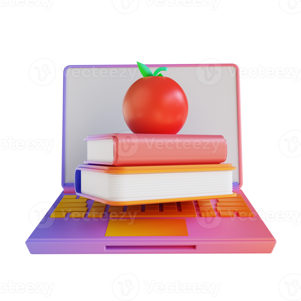 3d ilustración colorido libro apple y laptop png