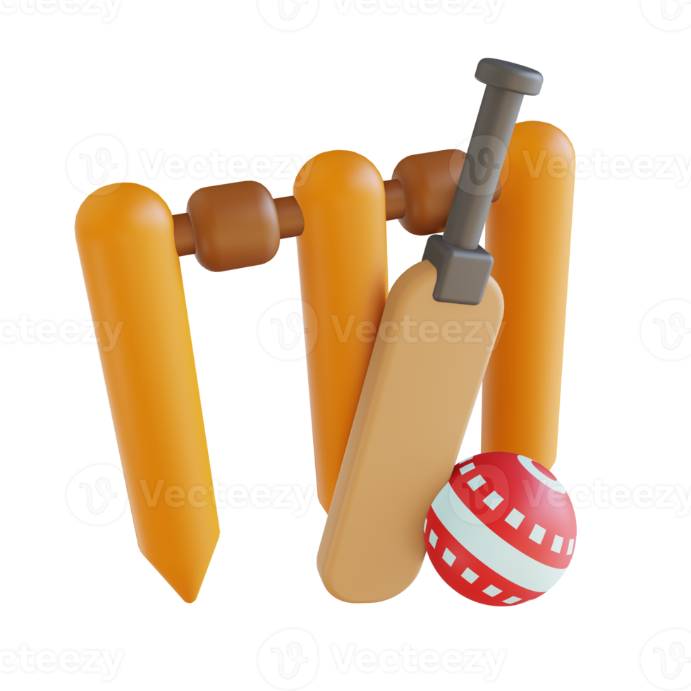 3D illustration cricket bat ball and wicket png