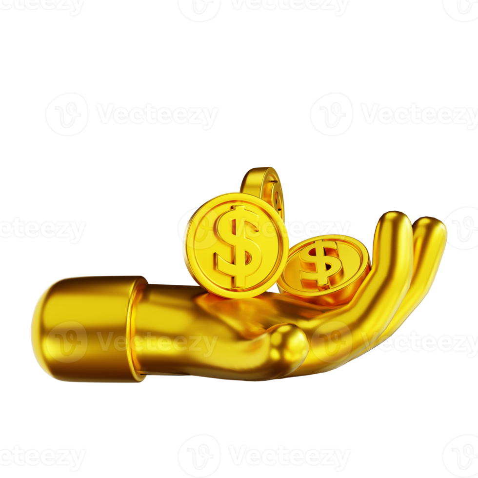 3d illustratie gouden handen en geld munten png