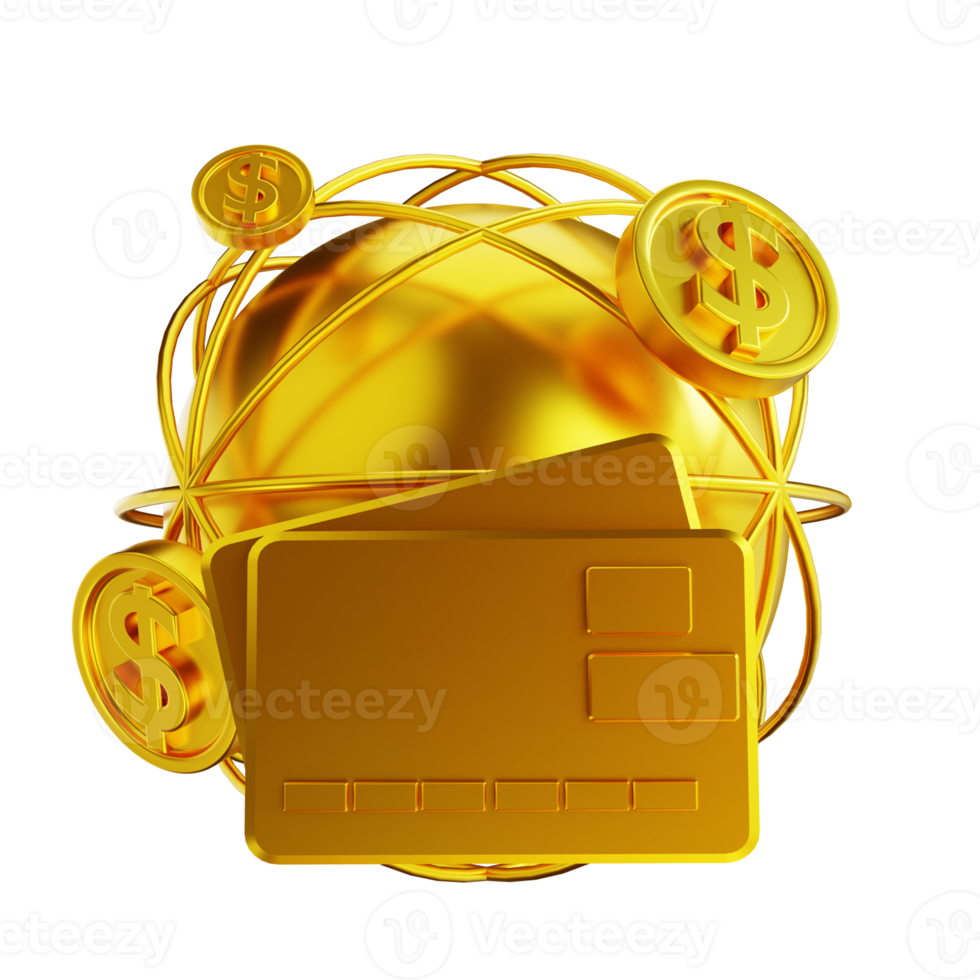 3D illustration golden global money and credit card png