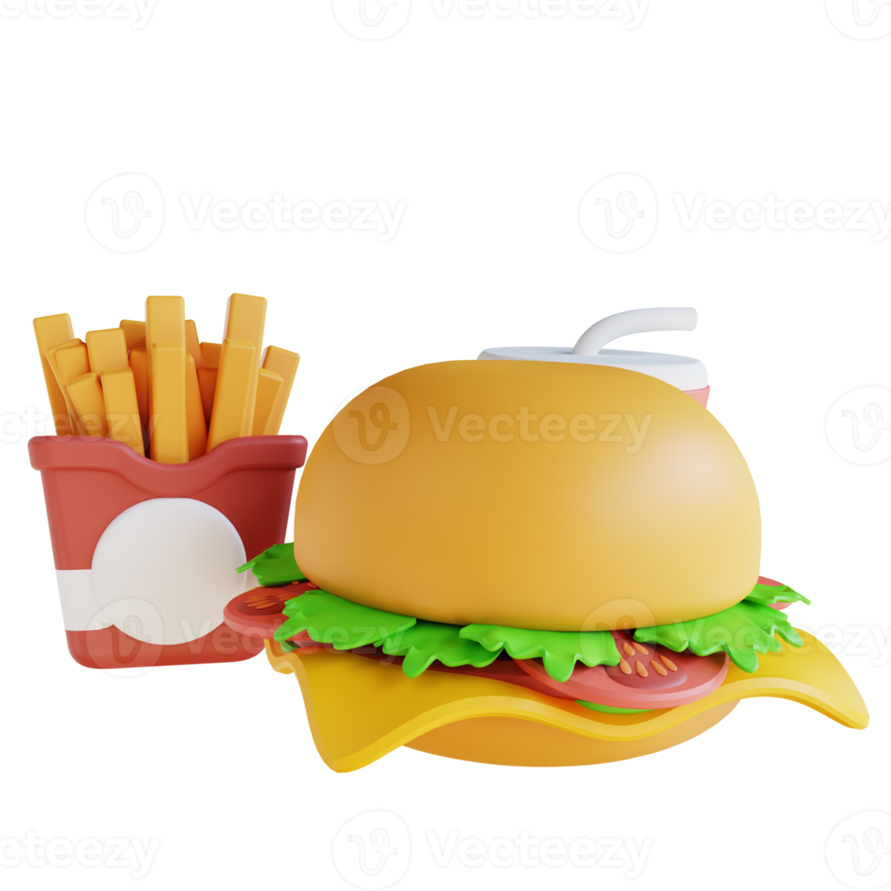 3D illustration French fries, burgers and cold drinks png