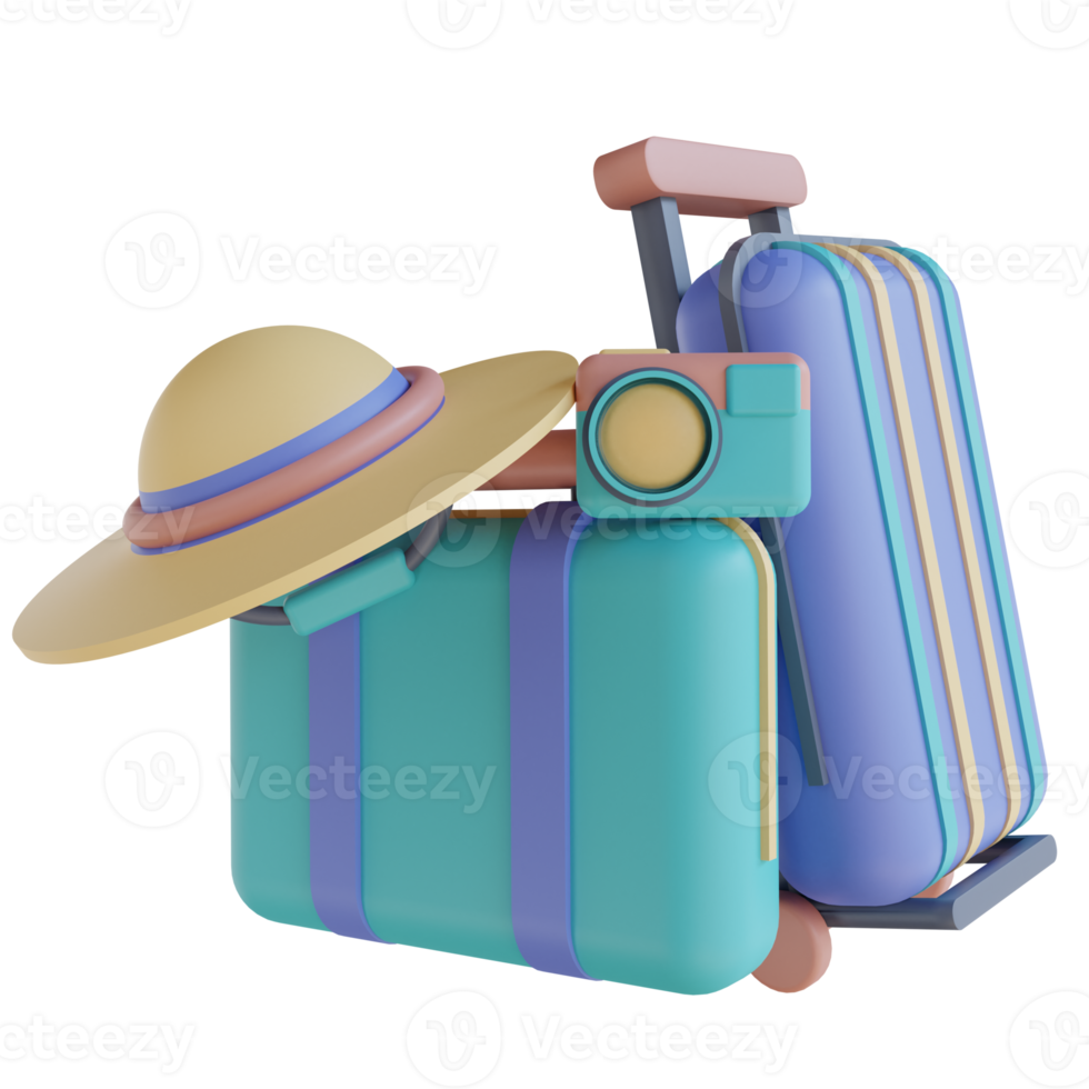 3D illustration camera, hat and suitcase png