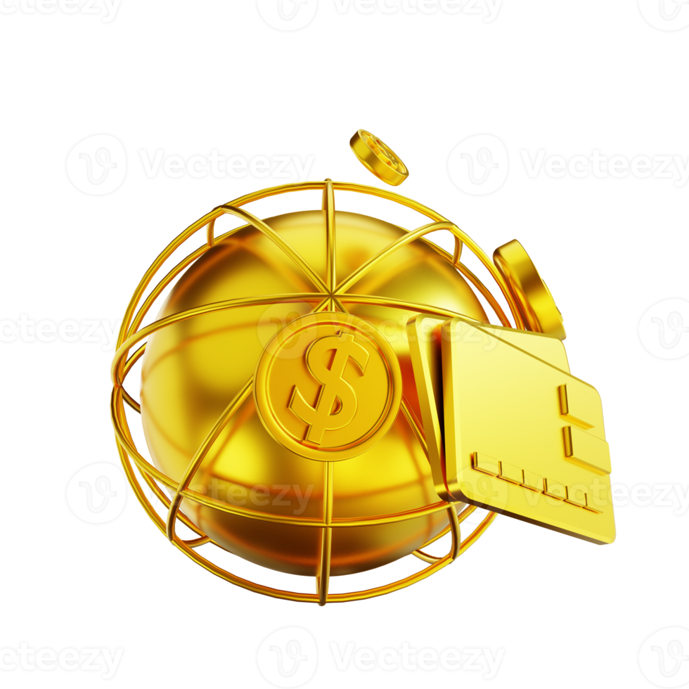 3D illustration golden global money and credit card png