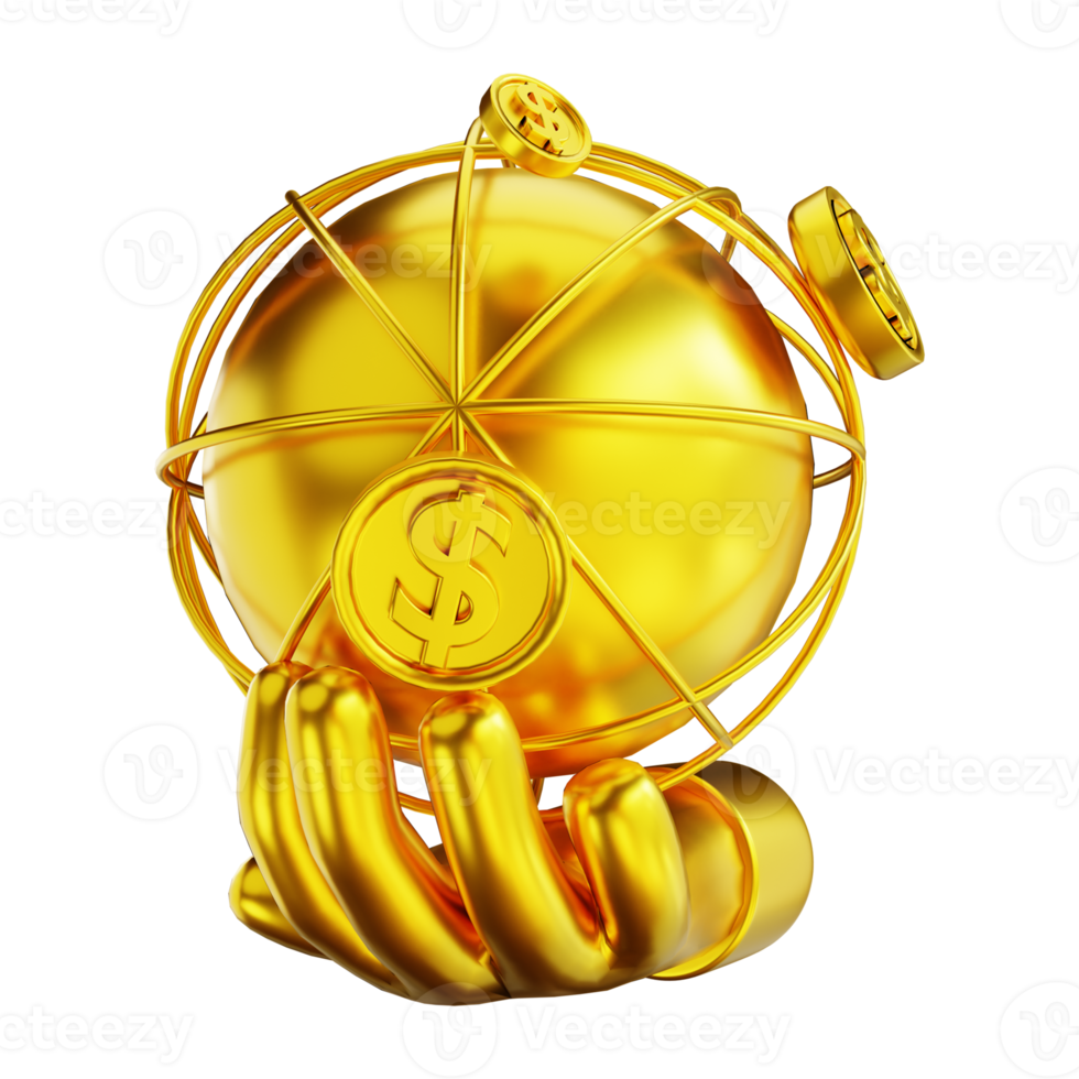 3D illustration golden global hands and money png