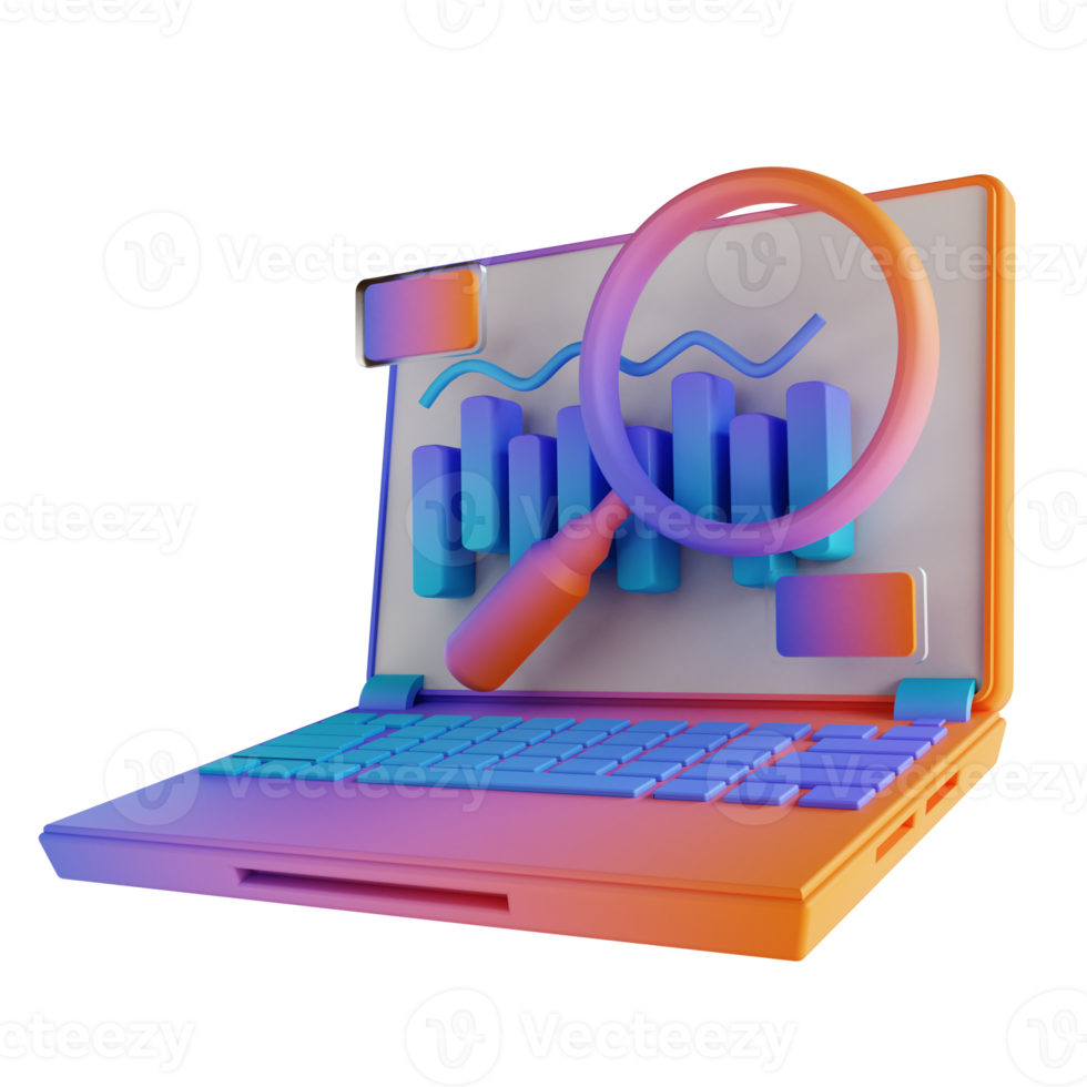 3D illustration laptop and data analysis png