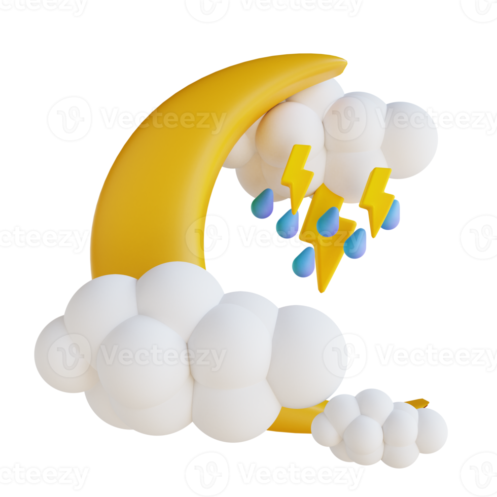 3D illustration rain cloud moon with lightning png