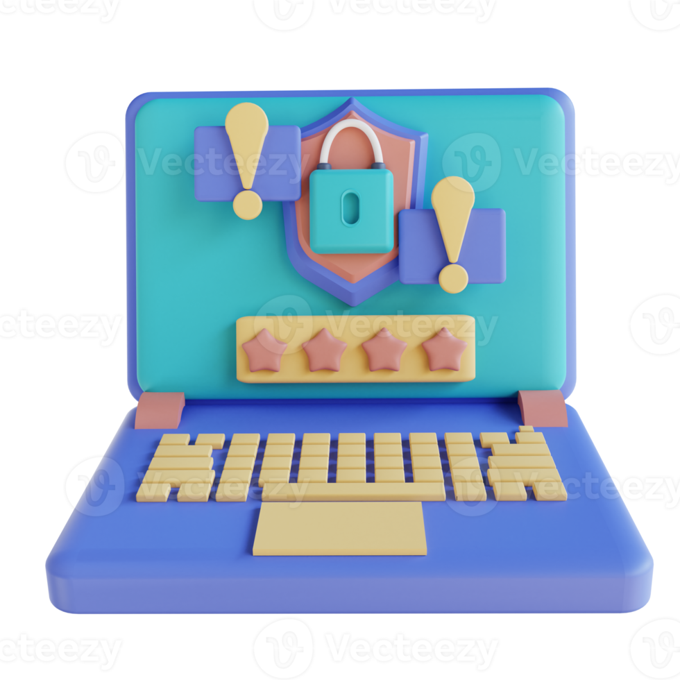 3D illustration laptop security alarm png