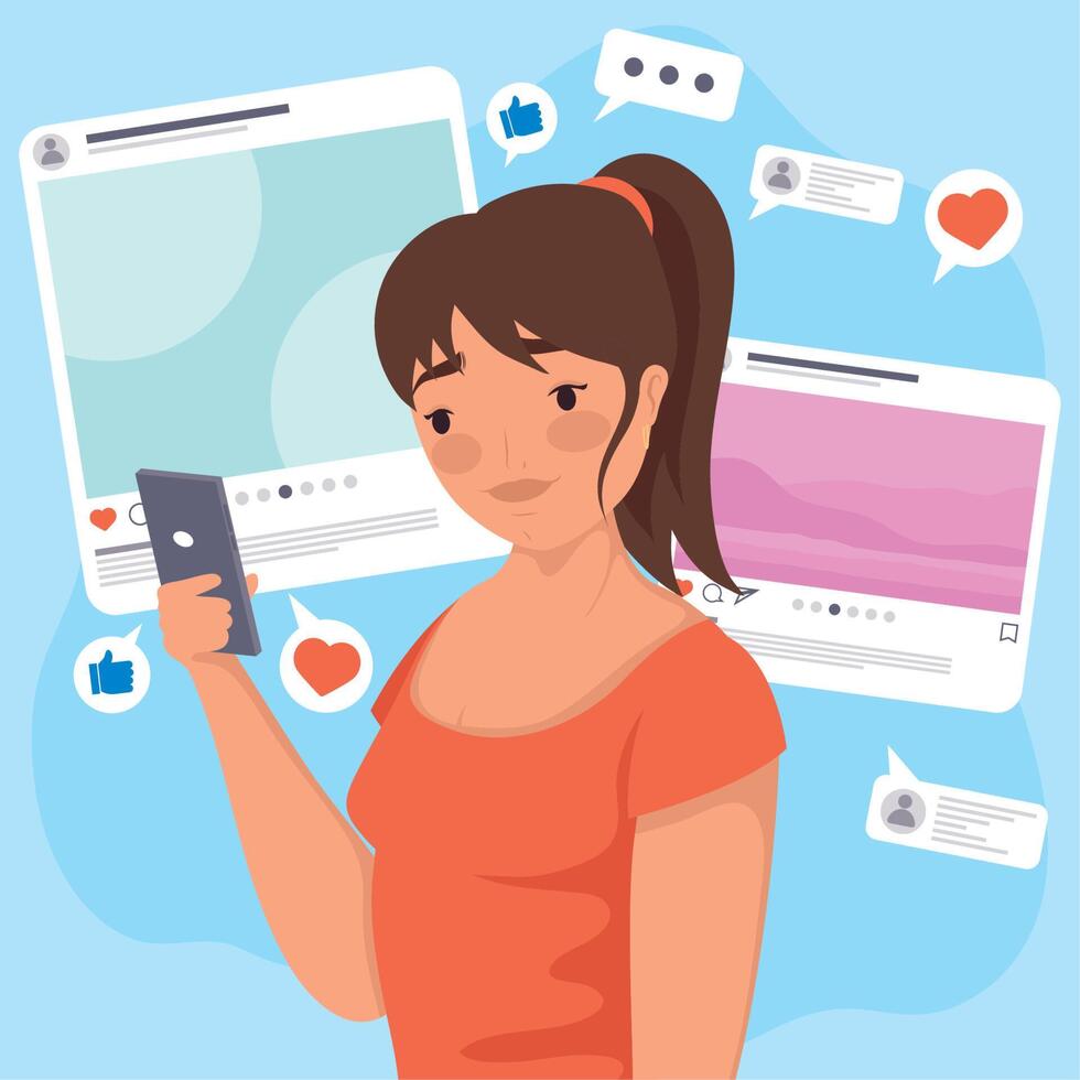 mujer con redes sociales vector