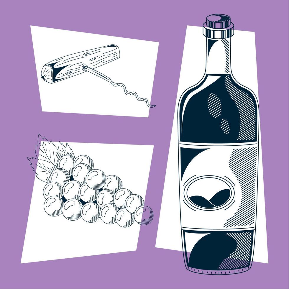 vino beber tres iconos vector